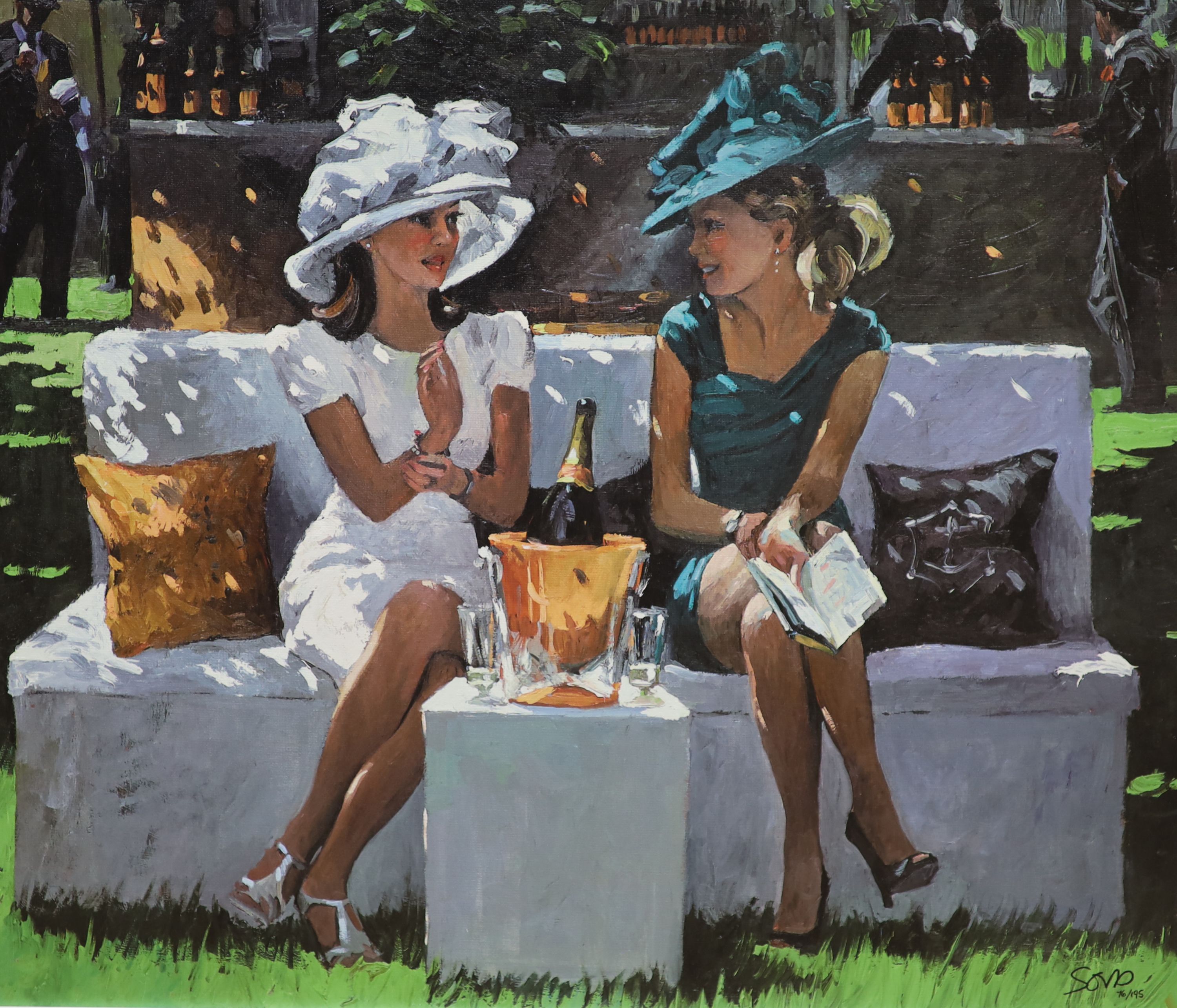 Sherree Valentine Daines, embellished canvas on board, 'Champagne Rendezvous', 76/195, with COA, 54 x 65cm